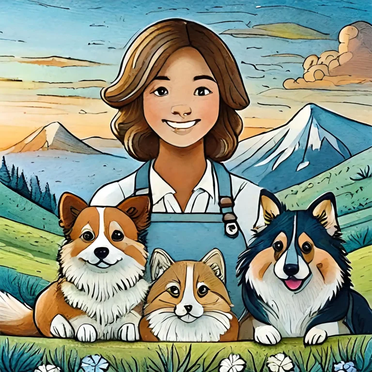 Which animal to adopt - The illustration has a woman and three pets. Mountains in the background.