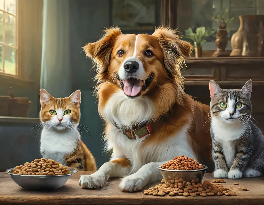 2 cats and 1 dog with two bowls of food on the table