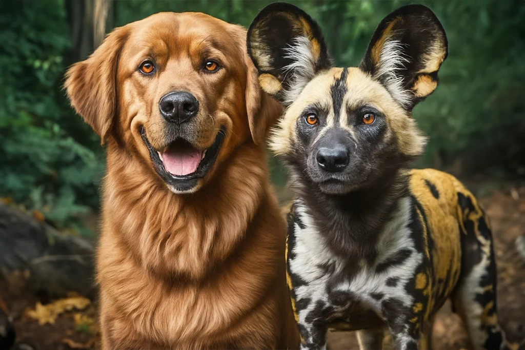 Close-up portrait of a popular pet breed (e.g., Golden Retriever) side-by-side with a close-up of their endangered wild relative (e.g., African Wild Dog). Emphasize the visual similarities.