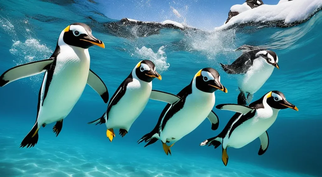 a group of penguins swimming in the ocean